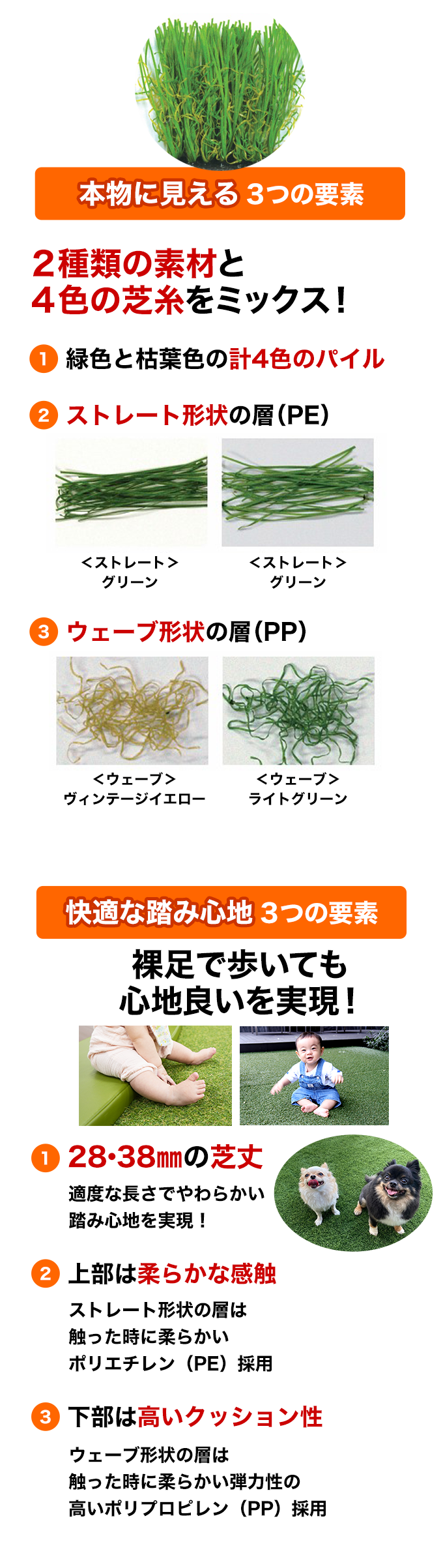 本物に見える3つの要素。快適な踏み心地3つの要素。